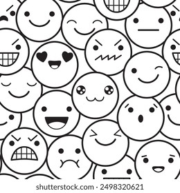 Seamless monochrome black and white pattern with emoticons. Emoji faces in different expression. Endless texture can be used for textile pattern fills, t-shirt design, web page background. Vector EPS8