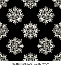 Seamless monochrome black and white pattern with abstract round star shape mandalas.