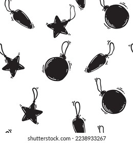 Seamless monochrome black and white vector pattern with Christmas toys. Depressive new year. Christmas ball. Handdrawn doodle sketch illustration for new year 2024. Template for greeting card. Star