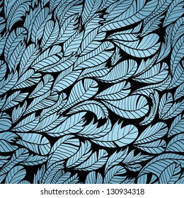 Seamless monochrome blue hand drawn pattern with feather. Eps10