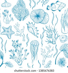 Seamless monochrome blue pattern with marine hand drawn corals and marine life, vector illustration
