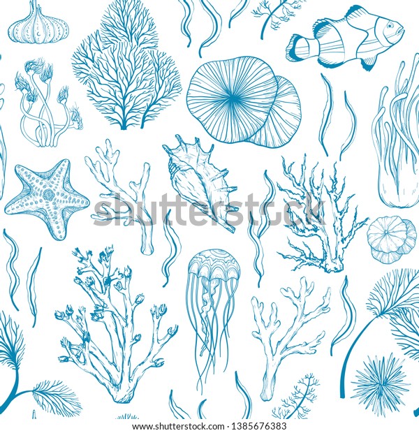 Seamless monochrome blue\
pattern with marine hand drawn corals and marine life, vector\
illustration