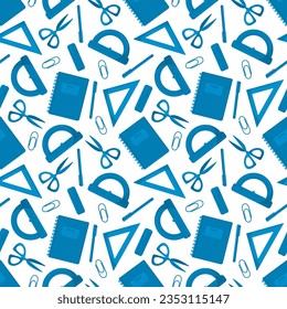 Seamless monochrome blue pattern with school supplies: rulers,scissors,pens, paper clips, notebooks.Changeable pattern background.Flat illustration on white background.School and student education.