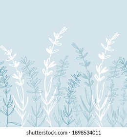 Seamless monochrome border pattern with hand drawn lavender for textile, clothing, background design. White on blue