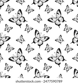 Patrón de mariposa monocromo sin costuras. El fondo floral es dibujado a mano. Impresión para textiles, Fondo de pantalla, embalaje, Diseño web.
