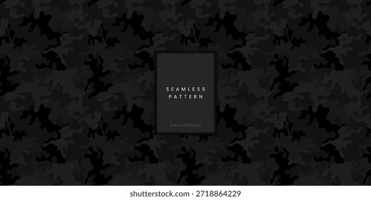 Padrão de camuflagem monocromática sem costura ou camo florestal emaranhado com formas pretas orgânicas para equipamentos de caça táticos e vestuário militar têxtil ou design de superfície de jeans