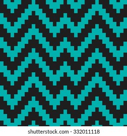 Seamless monochrome chevron pattern. Zigzag geometric motif. Abstract wavy turquoise and black Background. Vector Illustration.