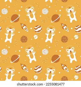 Seamless monochrome childish pattern with astronaut koala, planet, stars and constellation. Creative scandinavian kids texture for fabric, wrapping, textile, wallpaper, apparel.