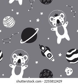 Seamless monochrome childish pattern with astronaut koala, planet, stars and constellation. Creative scandinavian kids texture for fabric, wrapping, textile, wallpaper, apparel.