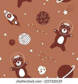 Seamless monochrome childish pattern with astronaut brown bears, planet, stars and constellation. Creative scandinavian kids texture for fabric, wrapping, textile, wallpaper, apparel.