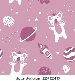 Seamless monochrome childish pattern with astronaut koala, planet, stars and constellation. Creative scandinavian kids texture for fabric, wrapping, textile, wallpaper, apparel.
