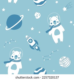 Seamless monochrome childish pattern with astronaut polar bears, planet, stars and constellation. Creative scandinavian kids texture for fabric, wrapping, textile, wallpaper, apparel.