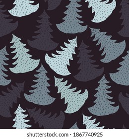 seamless monochrome christmas pattern background with doodle pine tree