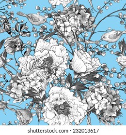 Seamless monochrome classic floral pattern, Floral Bouquet with Birds, Vector illustration. Peonies, Mimosa, Roses, Hydrangea 