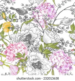 Seamless monochrome classic floral pattern, Floral Bouquet with Birds, Vector illustration. Peonies, Mimosa, Roses, Hydrangea 