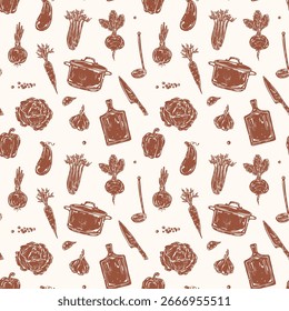 Patrón de verduras de cocina monocromo sin fisuras con zanahoria, repollo, apio, cebolla, ajo, pimienta, cuchillo, olla y cucharón. Estilo texturizado dibujado a mano para ilustraciones culinarias y diseño de cocina