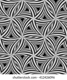 Seamless Monochrome Curved Triangle Pattern. Visual Volume Effect.  Polygonal Geometric Abstract Background. Suitable for textile, fabric, packaging and web design. Vector Illustration.