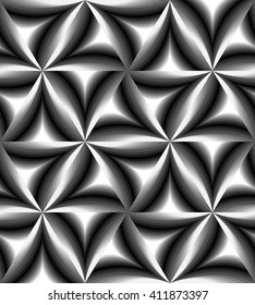 Seamless Monochrome Curved Triangles Pattern Gently Shimmering from dark to light.Visual Volume Effect.Geometric Abstract Background.Suitable for textile, fabric,packaging and web.Vector Illustration.