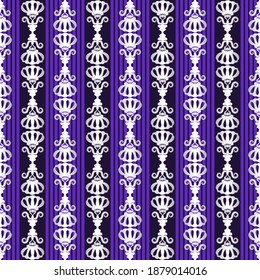 patrón decorativo monocromo impecable. adorno plateado con rayas púrpuras verticales sobre un fondo azul oscuro.