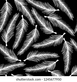 Seamless monochrome decorative template texture with white leaves on the black background.