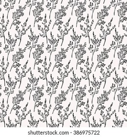 Seamless monochrome  decorative template texture with black flowers and leaves on the white background. Seamless stylized leaf pattern. Vector Illustration