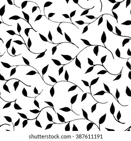 Seamless monochrome  decorative template texture with black leaves on the white background. Seamless stylized leaf pattern. Vector Illustration