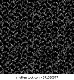 Seamless monochrome  decorative template texture with black leaves on the white background. Seamless stylized leaf pattern. Vector Illustration