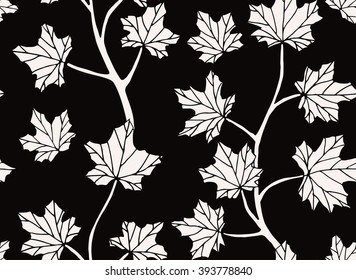 Seamless monochrome  decorative template texture with white maple leaves on the white black background. Seamless stylized leaf pattern. Vector Illustration