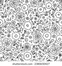Seamless monochrome ditsy floral pattern with white background. Hand drawn nature backdrop with tiny flowers motif.