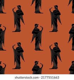Seamless monochrome ethnic pattern with ancient Greek women. Vase painting style. Black silhouettes on red background.