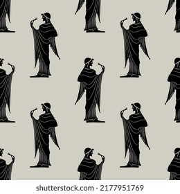 Seamless monochrome ethnic pattern with ancient Greek women. Vase painting style. Black silhouettes on white background.