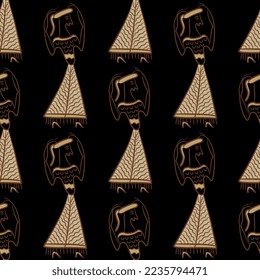 Seamless monochrome ethnic pattern with funny dancing Mycenaean women. Ancient Greek Cretan Minoan goddess. 