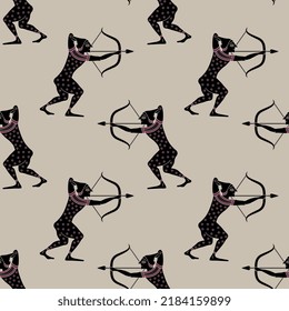 Seamless monochrome ethnic pattern with Scythian archers. Warriors with bows and arrows. Ethnic ancient Greek vase painting design. Black silhouettes on grey background.