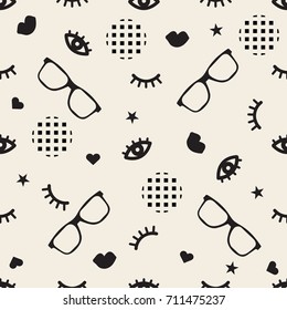 Seamless Monochrome Fashion Pattern Background With Doodle Eye, Eyelash ,glasses,polka Dot,heart,lips And Star