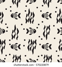 seamless monochrome  fish with seaweed pattern background