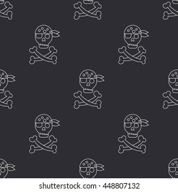 Seamless monochrome flat line pattern with pirate flag. Jolly Roger. Vector illustration. 