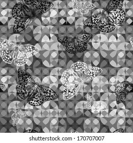 Seamless monochrome floral background with butterflies