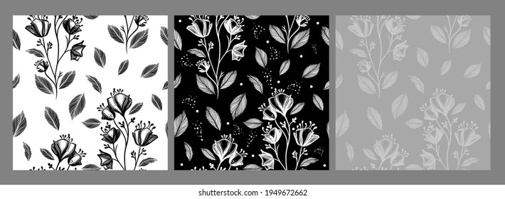 Seamless monochrome floral background. Dark and light background. Vector illustration