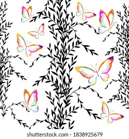 Seamless monochrome floral background with multicolored butterflies. Vector illustration