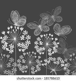 seamless monochrome floral border with butterfly