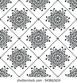 seamless monochrome floral ornament-vector illustration. White and black. Squares with dots. White background.