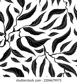 Seamless monochrome floral pattern with black leaves and twigs on a square background. Used for printing on paper, fabric, packaging, wallpaper. Eps10.