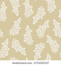 Seamless monochrome floral pattern with blooming branches. Folk style. White silhouettes on beige background.