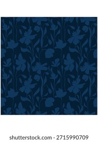 Patrón floral monocromo sin fisuras con siluetas botánicas azul oscuro sobre un fondo azul marino profundo. Elegante diseño moderno de flores y hojas con una estética minimalista y malhumorada. Ideal para Fondo de pantalla, tela, textiles, papel de embalaje, marca, embalaje, papelería y diseño de patrones de superficie.