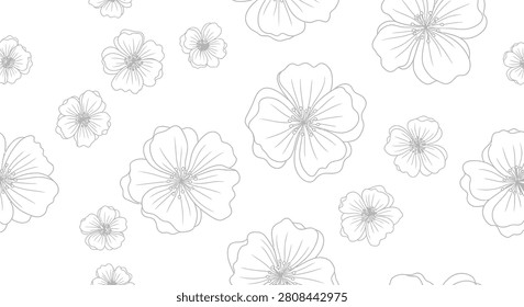 Seamless monochrome floral pattern featuring hand-drawn grey line art of flower blossoms on a plain white background. Elegant minimalist botanical design for textiles, wrapping paper, and wallpaper.
