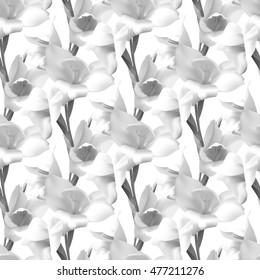 Seamless monochrome floral pattern with gladiolus on black background. Vector illustration.