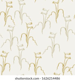 Seamless monochrome floral pattern with hand drawn sketches of gladioli flower branches. 