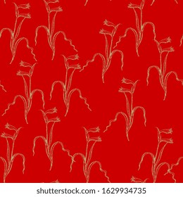
Seamless monochrome floral pattern with hand drawn sketches of gladioli flower branches. 