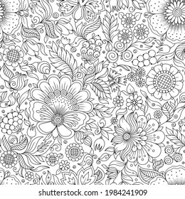  Seamless Monochrome Floral Pattern. Hand Drawn Floral Texture, Decorative Flowers, Coloring Book