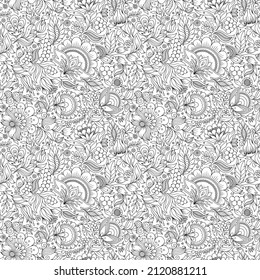  Patrón floral monocromo impecable. Textura floral de mano, flores decorativas, libro de colores